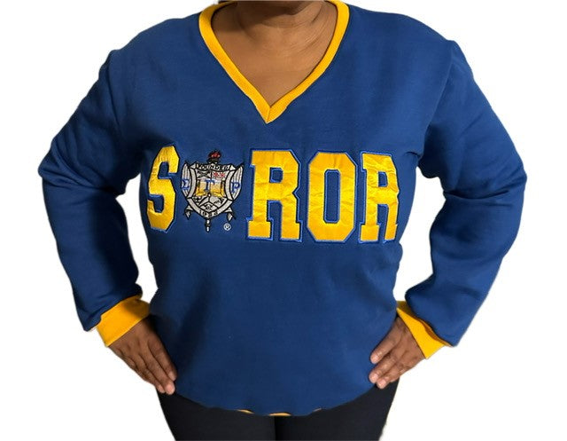 Embroidered Soror Shield V-Neck Sweatshirt_SGRho