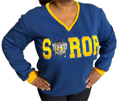 Embroidered Soror Shield V-Neck Sweatshirt_SGRho